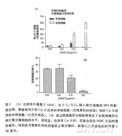 (A) 比较体外暴露于MMC、处 于 G^ SZG2 期 人 淋 巴 细 胞 的 M N 剂量- 效应图，测量选用不经Cyt B 培 养 的 单 核 细 胞 （ 实线黑色柱状条）和 经 Cyt B 培 养 的 双 核 细 胞 （ 白色柱状条)。 （ B) 通过测量胞质分裂阻滞情况下双核细胞的比 例计算分裂细胞的水平。很明显，在 没 有 Cyt B 时 ，实验会低估MMC引起的遗 传毒性，特别是当毒物作用的剂量阻止核分裂时。数据以三次实验后的均值士 SE 显本