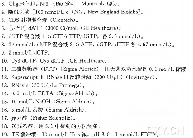3. Olig〇-5’-dT20N-3’ （ Bio S& T ， Montreal， QC)〇 4•随机引物[100 mmol/Ld (N)6; New England Biolabs]0 5. CDS 引 物 混 合 液 （ Clontech)。 6. [a~32P] dATP (3000 Ci/mol； GE Healthcare) 〇 7. dNTP 混合液 I (dCTP/dTTP/dGTP; 各 2 . 5 mmol/L)。 8. 20 mmol/L dNTP 混合液 2 (dATP, dGTP， dTTP 各 6. 67 mmol/L)。 9. 2 mmol/L dCTP〇 10. Cy3-dCTP, Cy5-dCTP (GEHealthcare)0 11•二硫苏糖醇（ DTT) (Sigma-Aldrich)。用无菌双蒸水配制0.1 mol/L 储液 。 12. Superscript n RNase H 反 转 录 酶 （200 U/pL) (Invitrogen)。 13. RNasin (20 U /yL; Promega)。 14. 0 •5 mol/L EDTA (Sigma-Aldrich) 〇 15. 10 mol/X NaOH (Sigma-Aldrich) 〇 16. 5 mol/L 乙 酸 （ Sigma-Aldrich)。 17•异丙 醇 （ Fisher Scientific)。 18. 7 0 % 乙醇。用 5. 1 中提到的方法制备。 19. TE 缓冲液： 10 mmol/L Tris 碱 ， pH 8. 0 ， I mmol/L EDTA。
